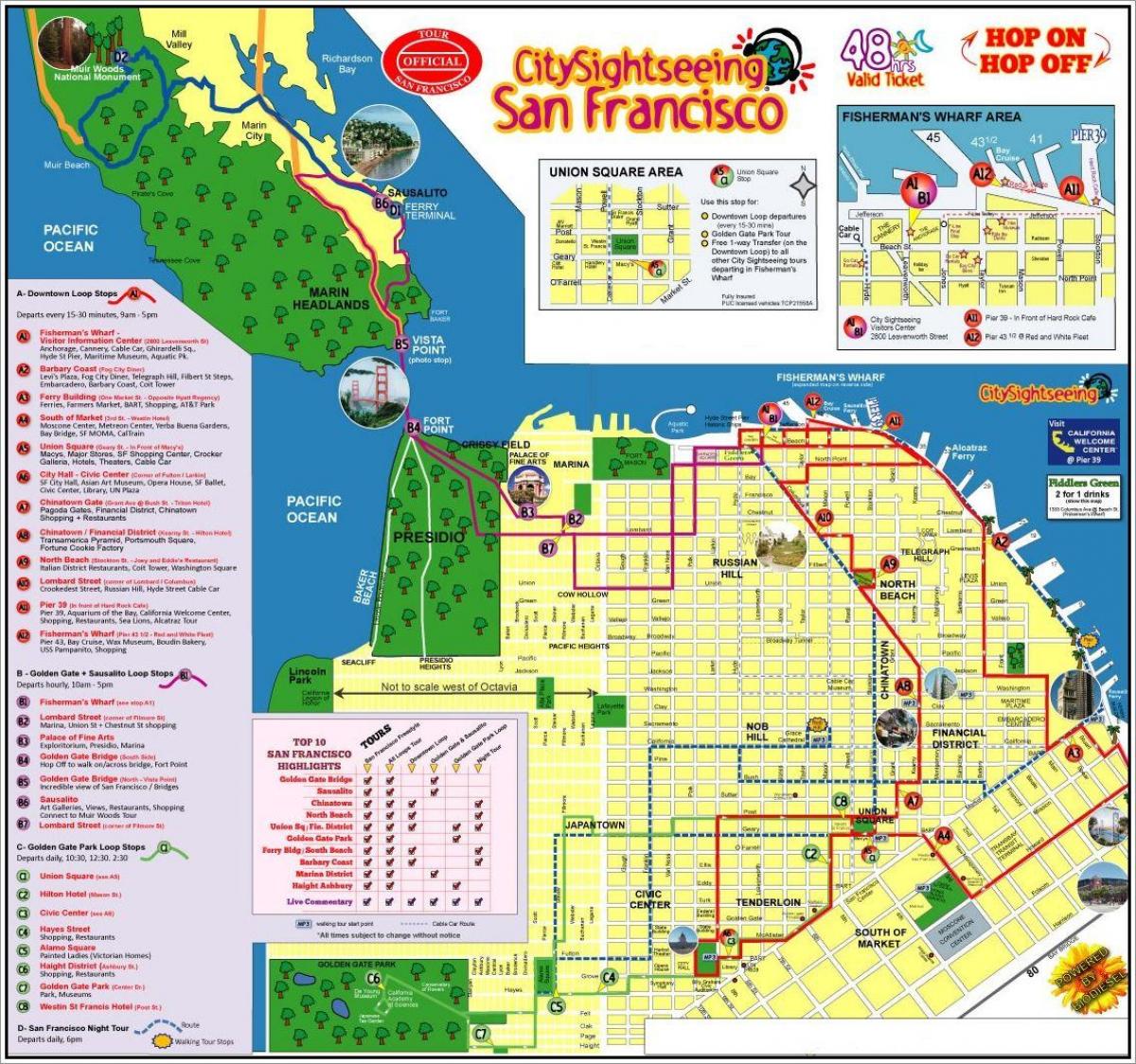 San Francisco hop წლის hop off ავტობუსი ტური რუკა