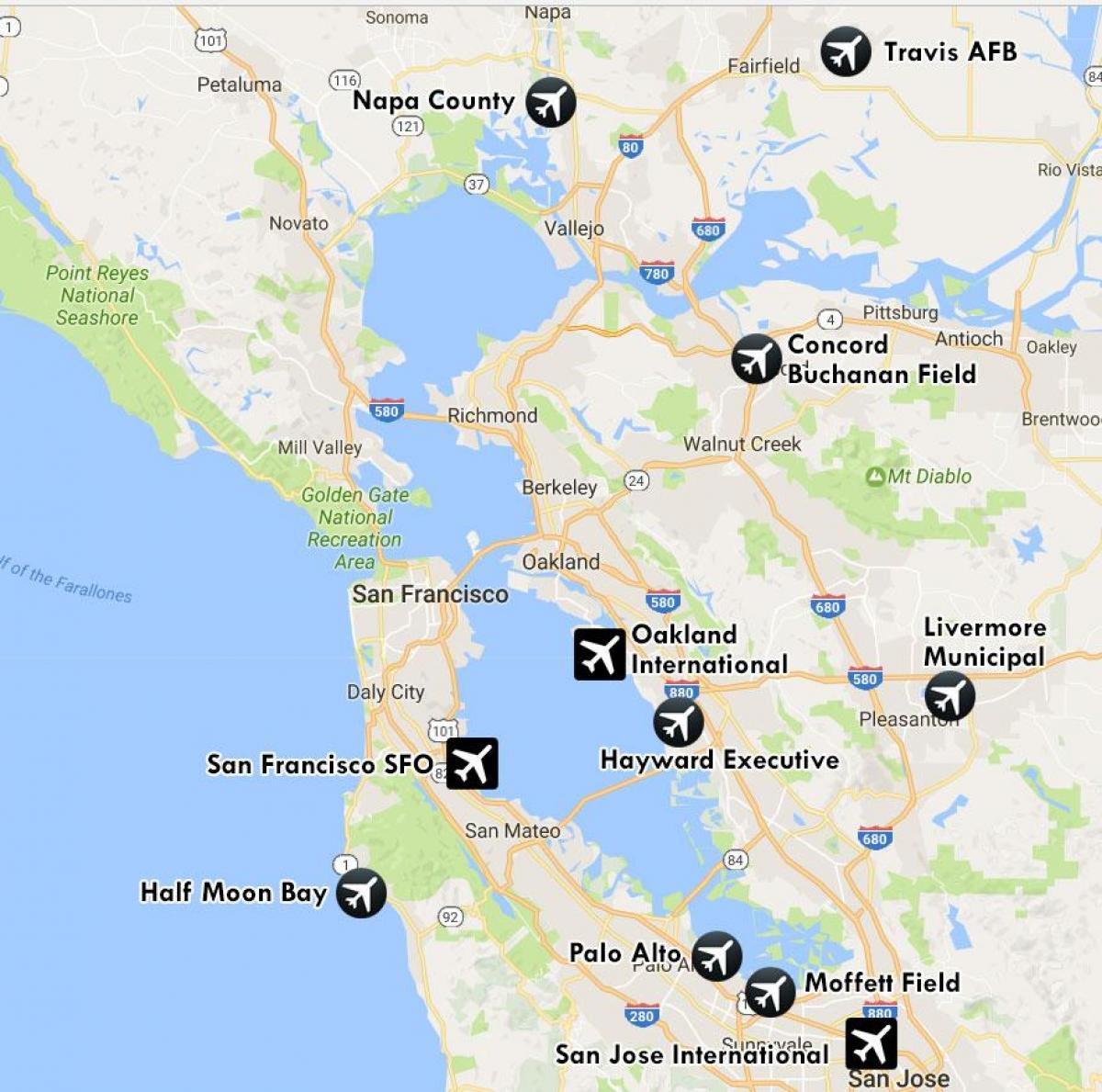 აეროპორტებში უახლოეს San Francisco რუკა