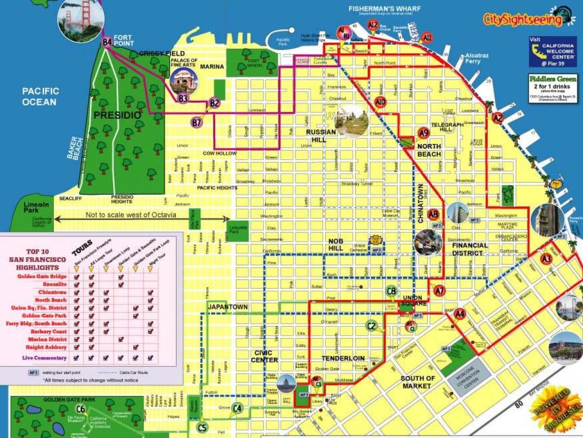 რუკა ქალაქის ღირსშესანიშნაობებს San Francisco მარშრუტი